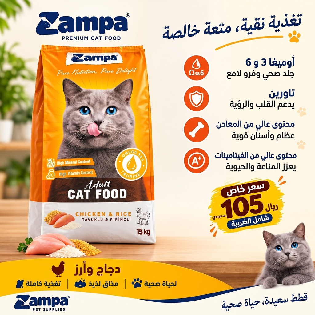 زامبا غذاء للقطط البالغة بنكهة (الدجاج و الرز)