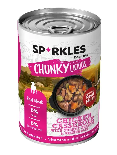 [082747] سباركليز | دجاج مفروم مع الخضار بنكهة الديك الرومي  معلب للكلاب في المرق | 400غم